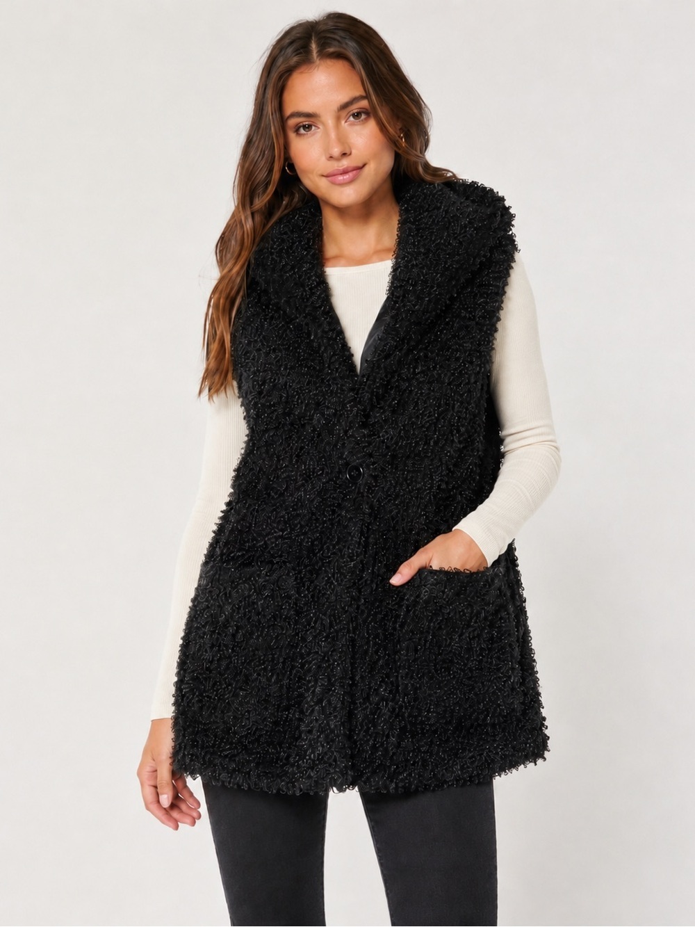 Forever 21 XXI Black Faux Fur Teddy Vest Size Large - Picture 1 of 8